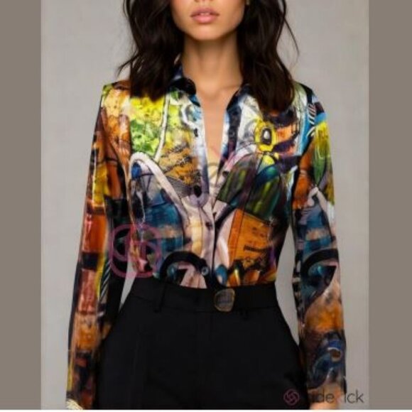 RARE!! Vintage Dolcezza Simply Art Artsy Velvet Painting Print Button Up Shirt - Picture 2 of 16